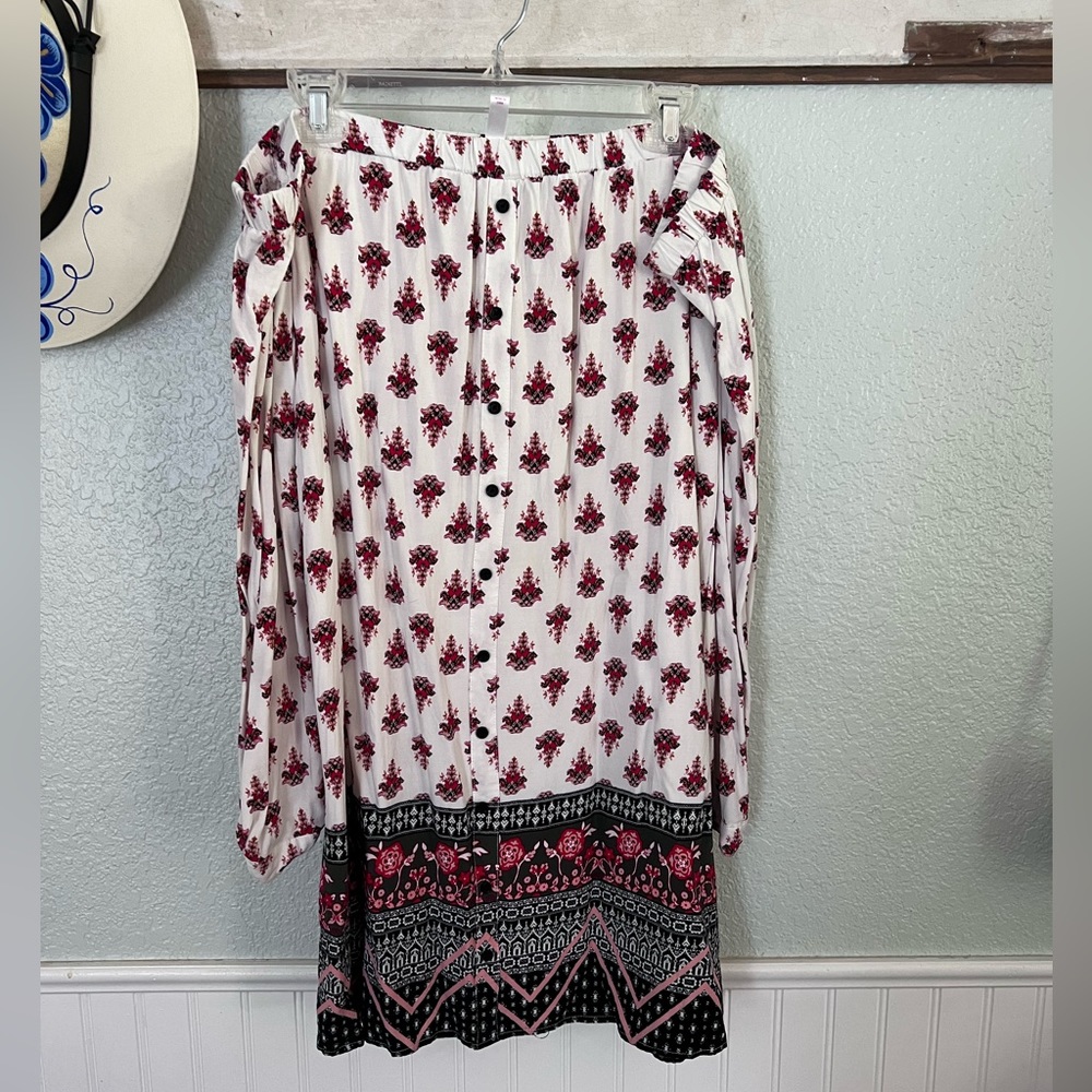 Off The Shoulder Button Front Long Sleeve Floral Dress